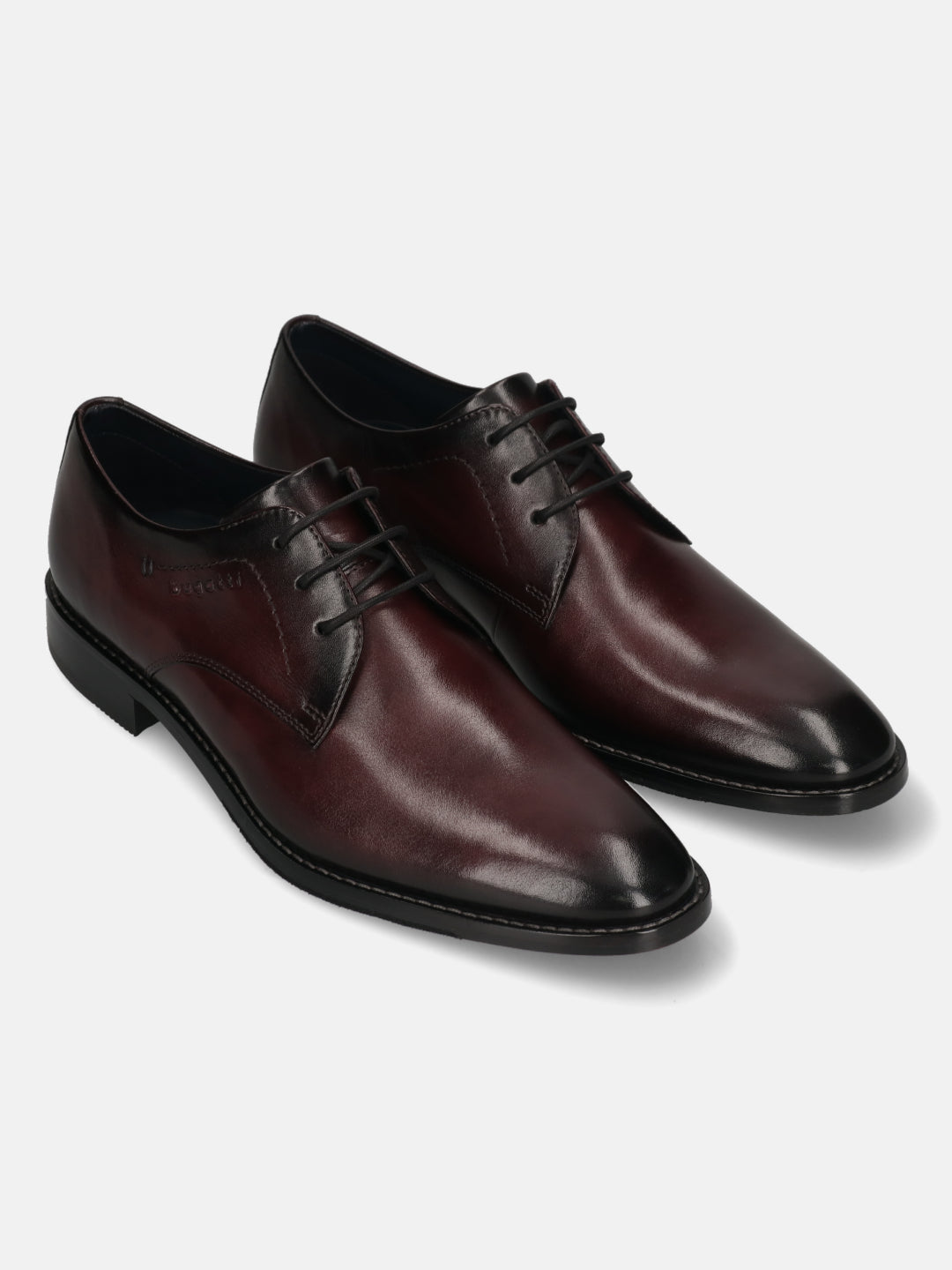 Men's Bugatti derby red leather shoes with a pointed toe and plain toe featuring a stacked heel , a leather outsole , and laces fastening.