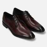 Men's Bugatti derby red leather shoes with a pointed toe and plain toe featuring a stacked heel , a leather outsole , and laces fastening.