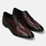 Men's Bugatti derby red leather shoes with a pointed toe and plain toe featuring a stacked heel , a leather outsole , and laces fastening.