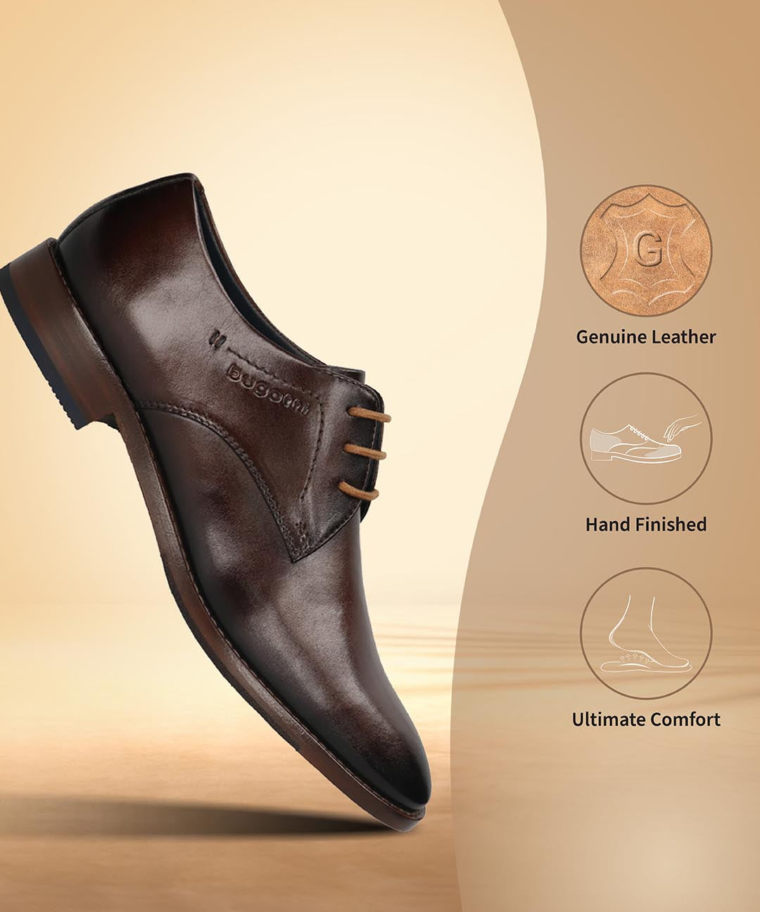 Men's Bugatti derby brown leather shoes with a pointed toe and plain toe featuring a stacked heel , a leather outsole , and laces fastening.