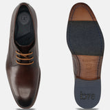 Men's Bugatti derby brown leather shoes with a pointed toe and plain toe featuring a stacked heel , a leather outsole , and laces fastening.