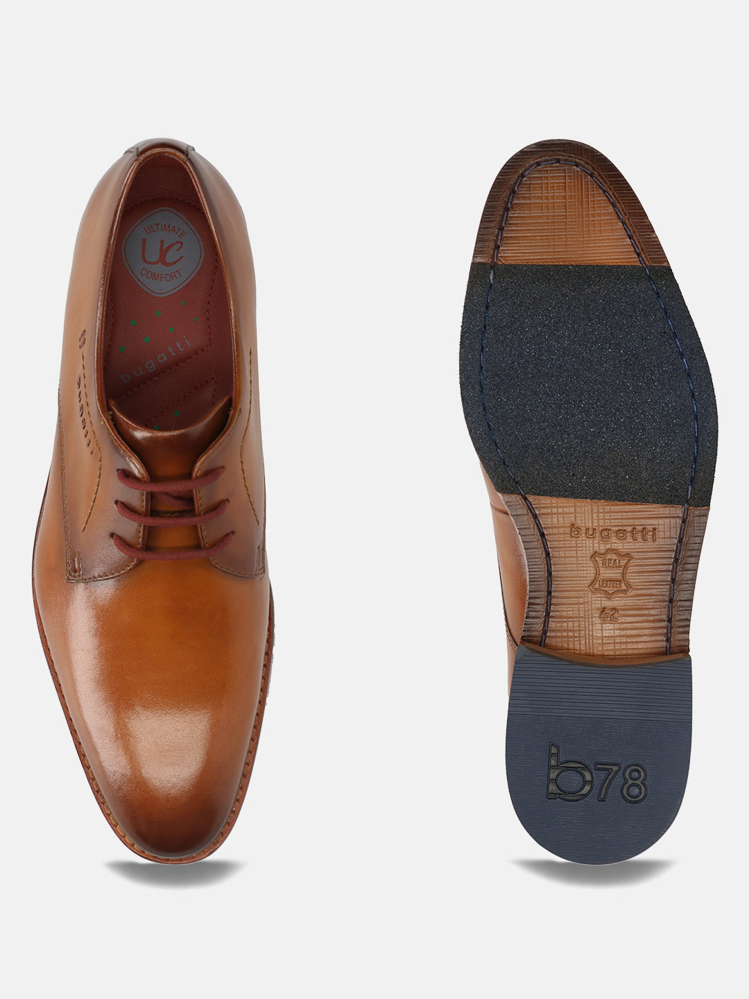 Men's Bugatti derby cognac leather shoes with a pointed toe and plain toe featuring a stacked heel , a leather outsole , and laces fastening.