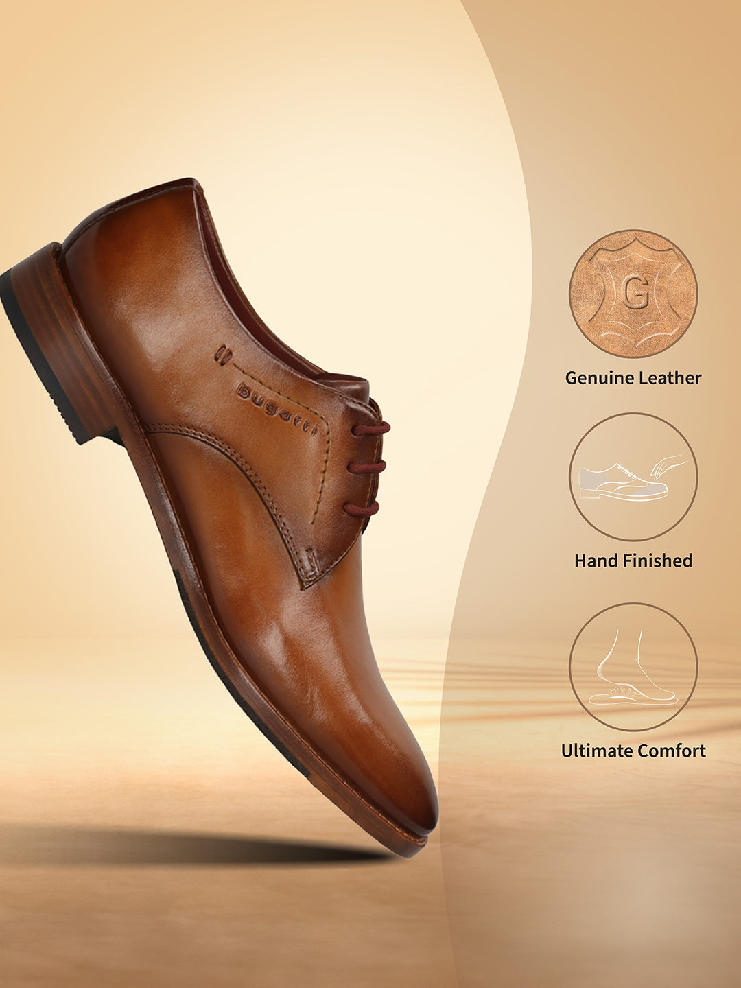 Men's Bugatti derby cognac leather shoes with a pointed toe and plain toe featuring a stacked heel , a leather outsole , and laces fastening.