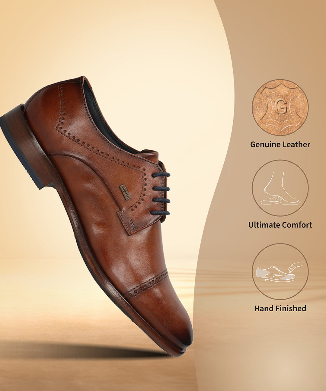 Cognac leather derby formal shoe by bugatti, featuring brogue detailing and dark blue laces.
