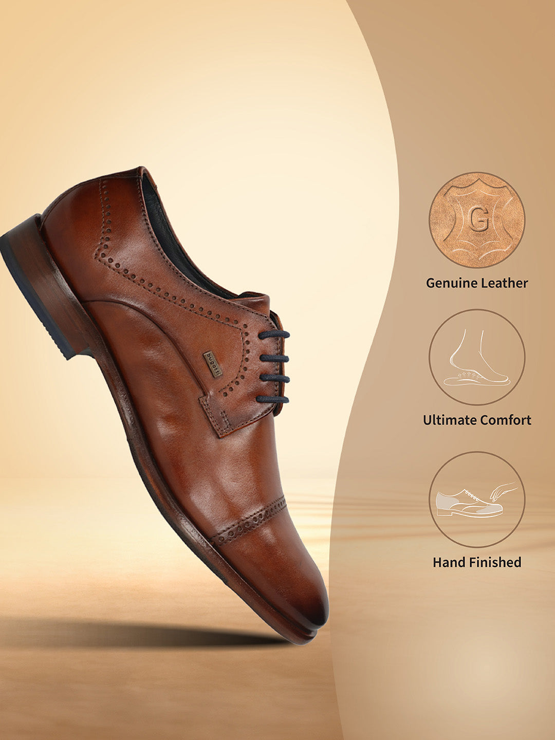 Cognac leather derby formal shoe by bugatti, featuring brogue detailing and dark blue laces.