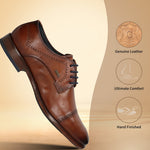Cognac leather derby formal shoe by bugatti, featuring brogue detailing and dark blue laces.
