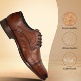 Cognac leather derby formal shoe by bugatti, featuring brogue detailing and dark blue laces.