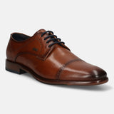 A cognac Men's bugatti Derby featuring a round toe cap toe, stacked heel. Made from premium genuine leather with a durable leather outsole, this laces design offers both style and comfort.