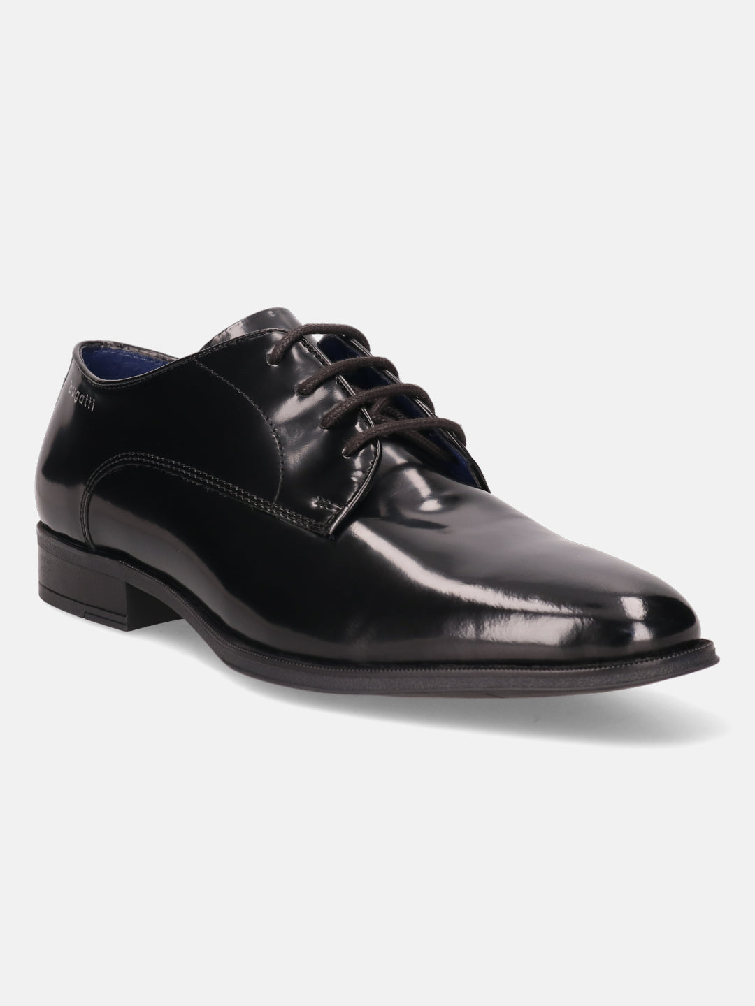 A black Men's bugatti Derby featuring a pointed toe plain toe, stacked heel. Made from premium genuine leather with a durable tpr outsole, this laces design offers both style and comfort.