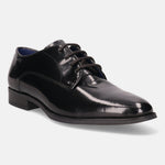 A black Men's bugatti Derby featuring a pointed toe plain toe, stacked heel. Made from premium genuine leather with a durable tpr outsole, this laces design offers both style and comfort.
