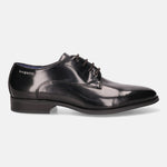 A black Men's bugatti Derby featuring a pointed toe plain toe, stacked heel. Made from premium genuine leather with a durable tpr outsole, this laces design offers both style and comfort.