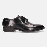 A black Men's bugatti Derby featuring a pointed toe plain toe, stacked heel. Made from premium genuine leather with a durable tpr outsole, this laces design offers both style and comfort.
