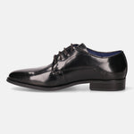A black Men's bugatti Derby featuring a pointed toe plain toe, stacked heel. Made from premium genuine leather with a durable tpr outsole, this laces design offers both style and comfort.
