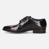 A black Men's bugatti Derby featuring a pointed toe plain toe, stacked heel. Made from premium genuine leather with a durable tpr outsole, this laces design offers both style and comfort.