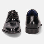 A black Men's bugatti Derby featuring a pointed toe plain toe, stacked heel. Made from premium genuine leather with a durable tpr outsole, this laces design offers both style and comfort.