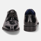 A black Men's bugatti Derby featuring a pointed toe plain toe, stacked heel. Made from premium genuine leather with a durable tpr outsole, this laces design offers both style and comfort.