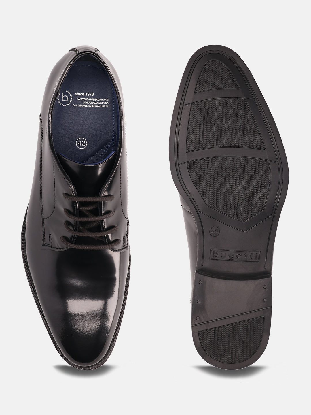 A black Men's bugatti Derby featuring a pointed toe plain toe, stacked heel. Made from premium genuine leather with a durable tpr outsole, this laces design offers both style and comfort.