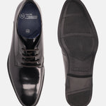 A black Men's bugatti Derby featuring a pointed toe plain toe, stacked heel. Made from premium genuine leather with a durable tpr outsole, this laces design offers both style and comfort.
