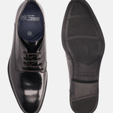 A black Men's bugatti Derby featuring a pointed toe plain toe, stacked heel. Made from premium genuine leather with a durable tpr outsole, this laces design offers both style and comfort.