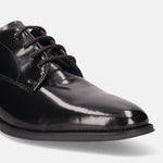 A black Men's bugatti Derby featuring a pointed toe plain toe, stacked heel. Made from premium genuine leather with a durable tpr outsole, this laces design offers both style and comfort.