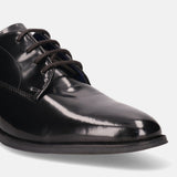 A black Men's bugatti Derby featuring a pointed toe plain toe, stacked heel. Made from premium genuine leather with a durable tpr outsole, this laces design offers both style and comfort.