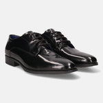 A black Men's bugatti Derby featuring a pointed toe plain toe, stacked heel. Made from premium genuine leather with a durable tpr outsole, this laces design offers both style and comfort.