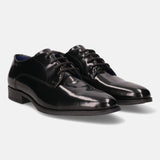 A black Men's bugatti Derby featuring a pointed toe plain toe, stacked heel. Made from premium genuine leather with a durable tpr outsole, this laces design offers both style and comfort.
