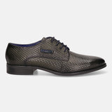 A green Men's bugatti Derby featuring a pointed plain toe, moulded  heel. Made from premium genuine leather with a durable tr outsole, this laces design offers both style and comfort.