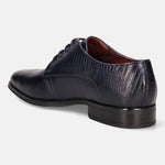 A blue Men's bugatti Derby featuring a pointed plain toe, moulded  heel. Made from premium genuine leather with a durable tr outsole, this laces design offers both style and comfort.
