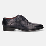 A blue Men's bugatti Derby featuring a pointed plain toe, moulded  heel. Made from premium genuine leather with a durable tr outsole, this laces design offers both style and comfort.