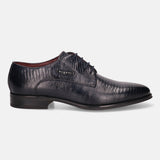 A blue Men's bugatti Derby featuring a pointed plain toe, moulded  heel. Made from premium genuine leather with a durable tr outsole, this laces design offers both style and comfort.
