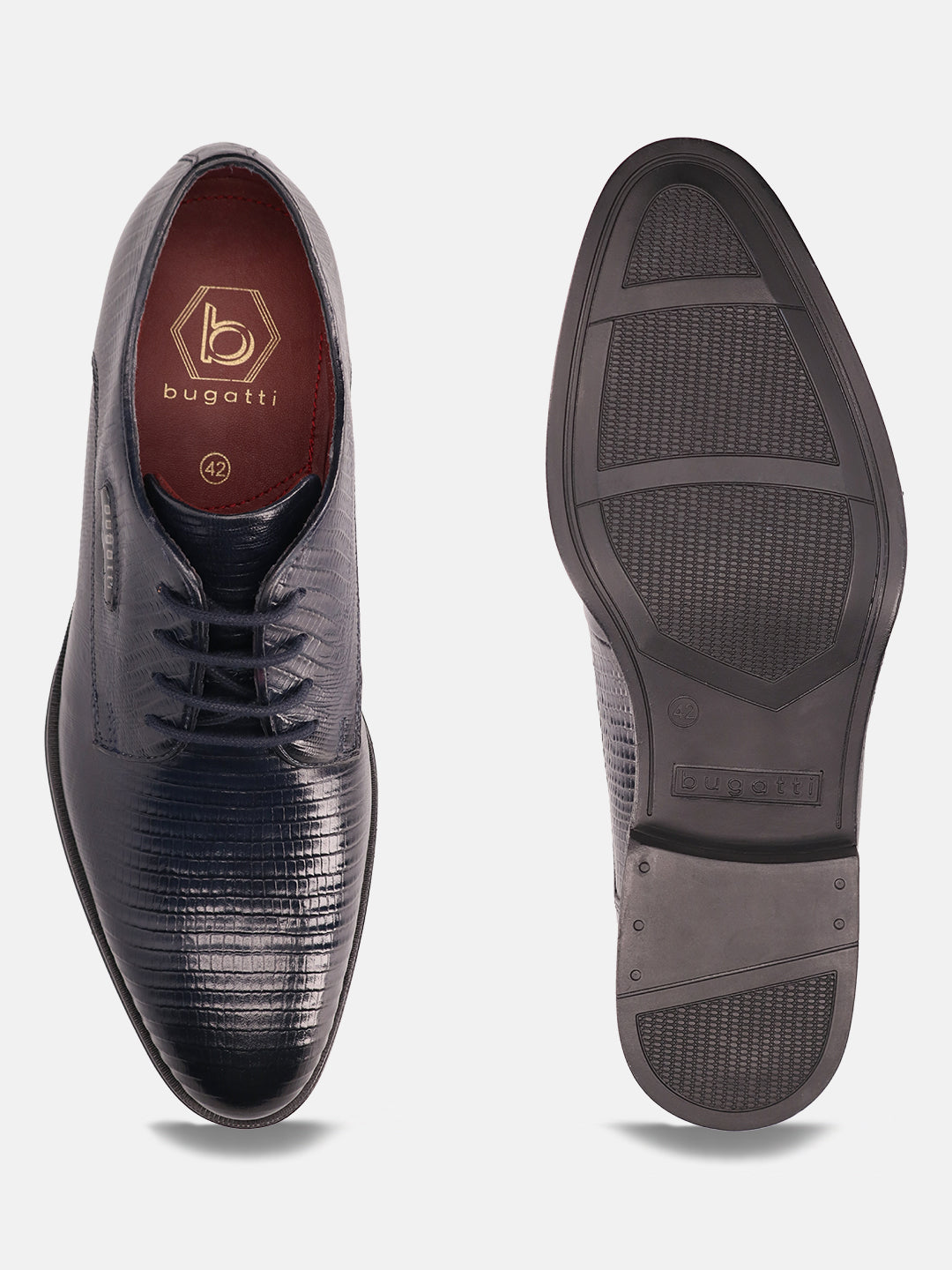 A blue Men's bugatti Derby featuring a pointed plain toe, moulded  heel. Made from premium genuine leather with a durable tr outsole, this laces design offers both style and comfort.