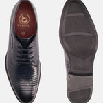 A blue Men's bugatti Derby featuring a pointed plain toe, moulded  heel. Made from premium genuine leather with a durable tr outsole, this laces design offers both style and comfort.