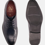 A blue Men's bugatti Derby featuring a pointed plain toe, moulded  heel. Made from premium genuine leather with a durable tr outsole, this laces design offers both style and comfort.