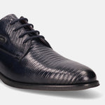 A blue Men's bugatti Derby featuring a pointed plain toe, moulded  heel. Made from premium genuine leather with a durable tr outsole, this laces design offers both style and comfort.