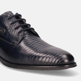 A blue Men's bugatti Derby featuring a pointed plain toe, moulded  heel. Made from premium genuine leather with a durable tr outsole, this laces design offers both style and comfort.