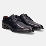 A blue Men's bugatti Derby featuring a pointed plain toe, moulded  heel. Made from premium genuine leather with a durable tr outsole, this laces design offers both style and comfort.