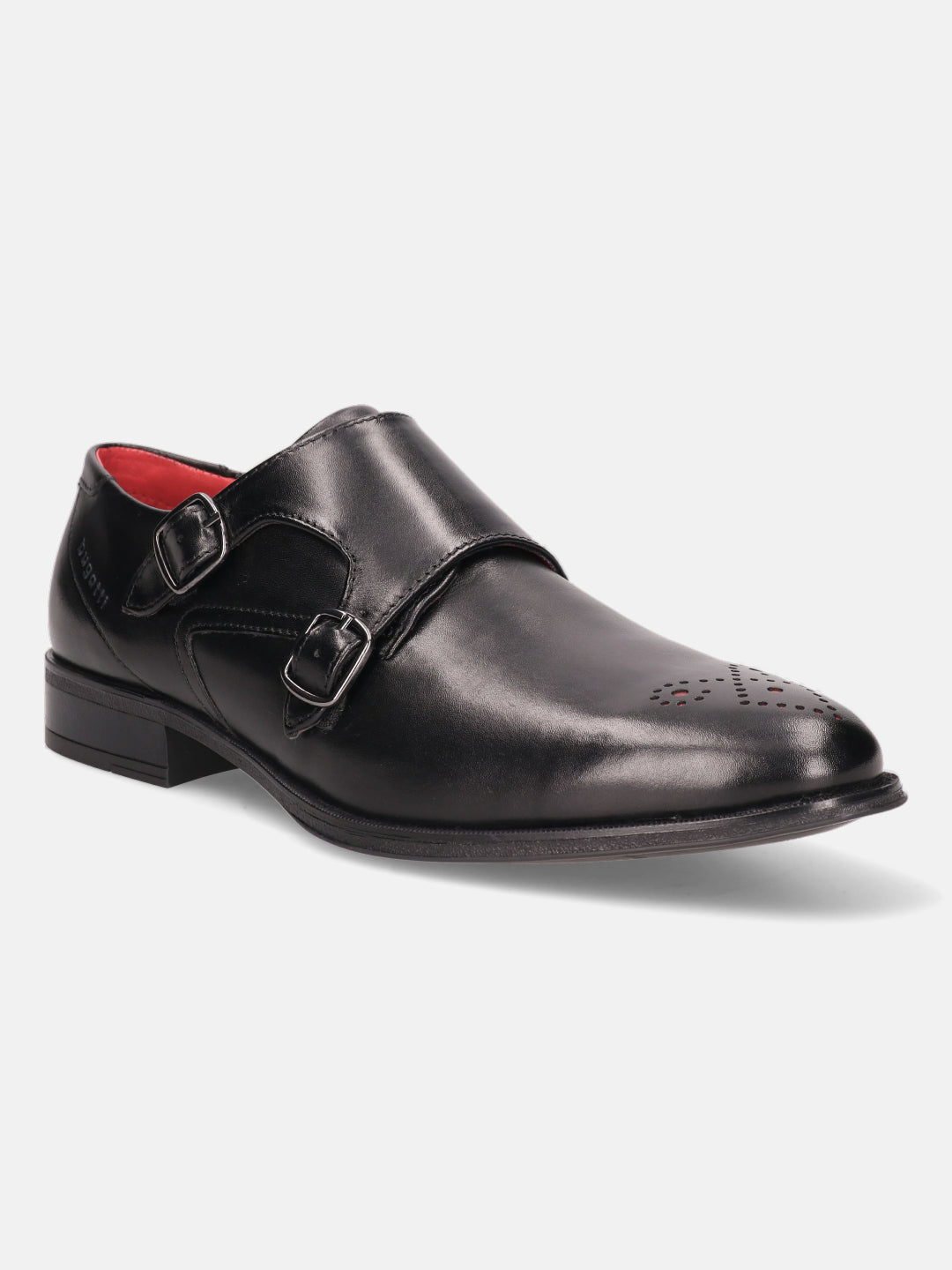 Black leather monk shoe by bugatti, featuring double buckle straps and decorative perforations at the toe.