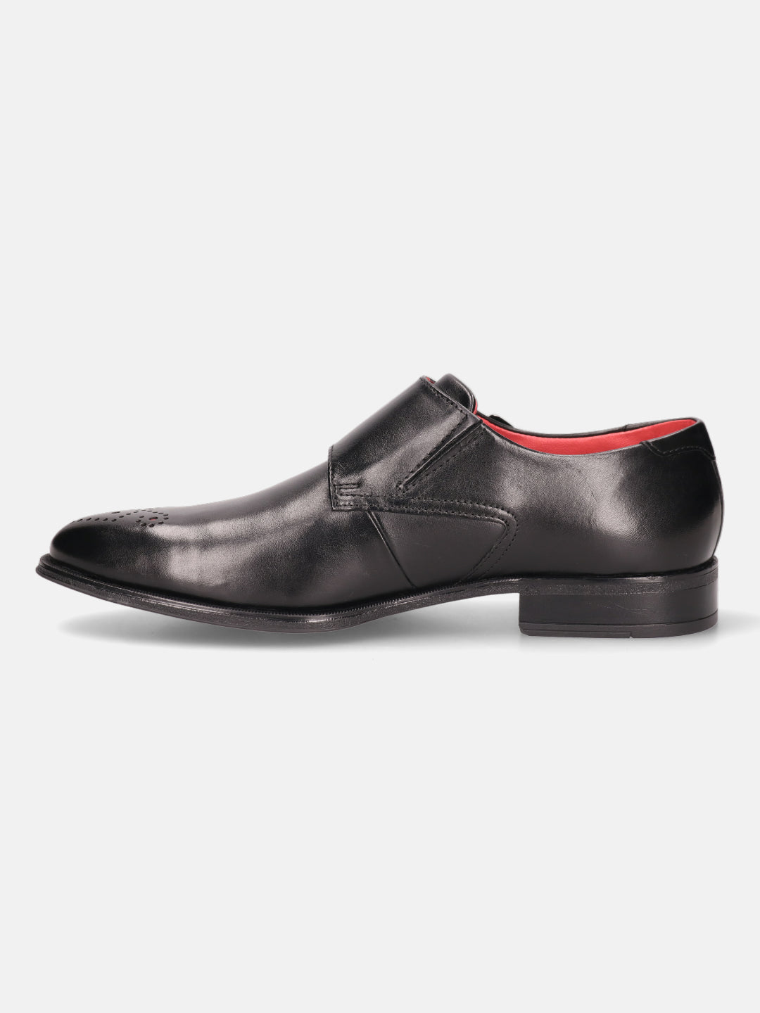 Black leather monk strap shoe by Bugatti, featuring a single strap closure and a red insole.