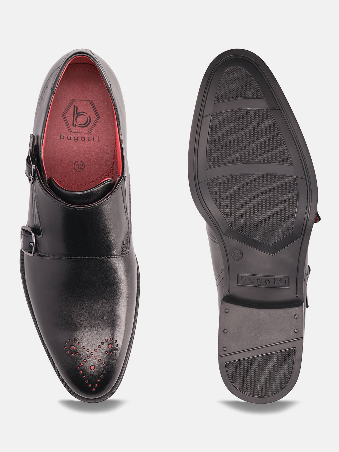 Black premium leather monk strap shoe by Bugatti, featuring red accents, perforated details, and a textured sole.