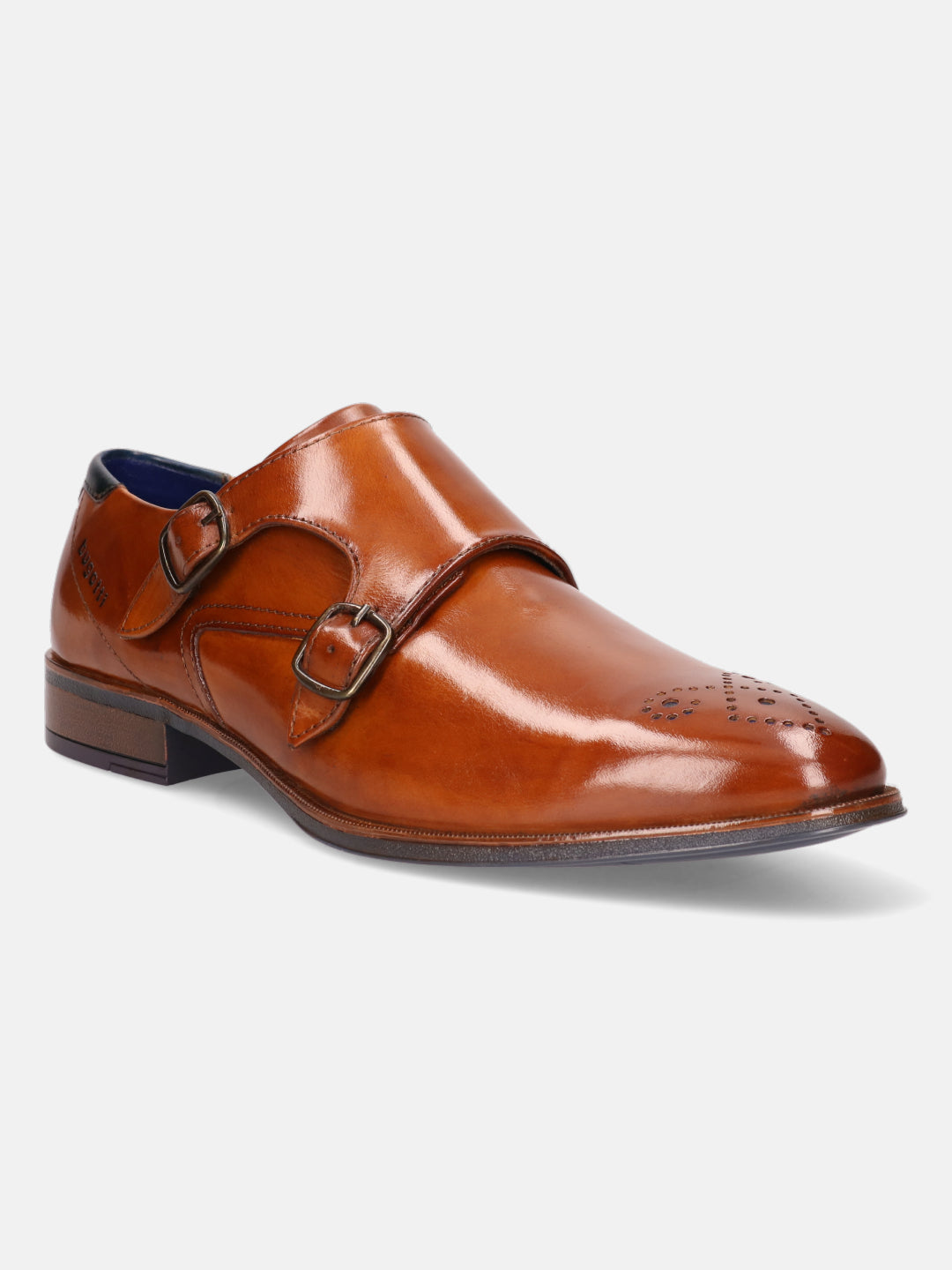 A cognac Men's bugatti Monk Shoe featuring a pointed plain toe, moulded  heel. Made from premium genuine leather with a durable tr outsole, this slip-on design offers both style and comfort.
