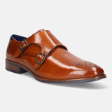 A cognac Men's bugatti Monk Shoe featuring a pointed plain toe, moulded  heel. Made from premium genuine leather with a durable tr outsole, this slip-on design offers both style and comfort.