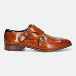 A cognac Men's bugatti Monk Shoe featuring a pointed plain toe, moulded  heel. Made from premium genuine leather with a durable tr outsole, this slip-on design offers both style and comfort.