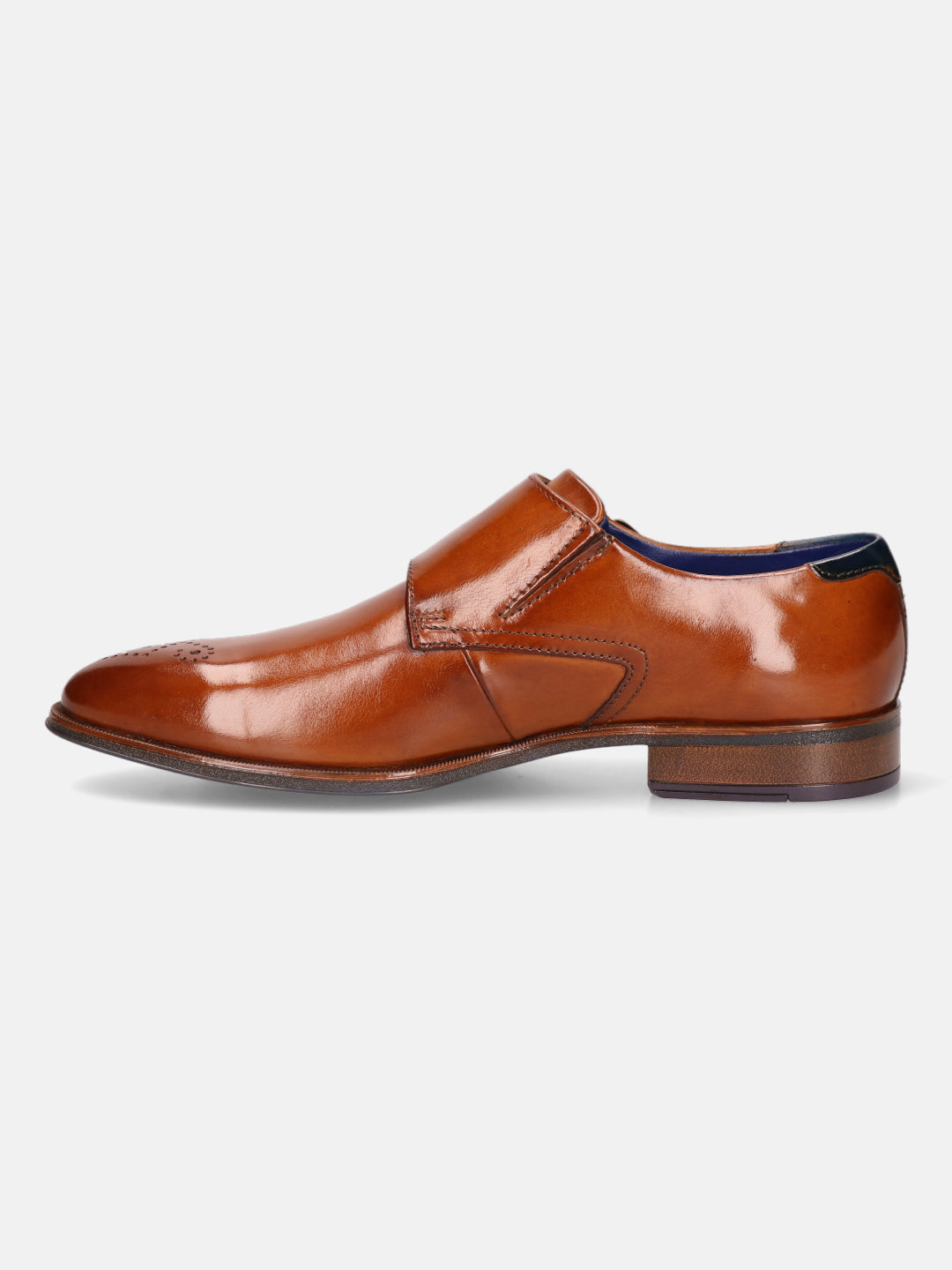 A cognac Men's bugatti Monk Shoe featuring a pointed plain toe, moulded  heel. Made from premium genuine leather with a durable tr outsole, this slip-on design offers both style and comfort.