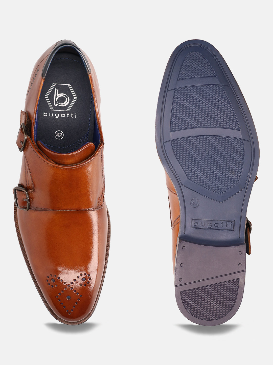 A cognac Men's bugatti Monk Shoe featuring a pointed plain toe, moulded  heel. Made from premium genuine leather with a durable tr outsole, this slip-on design offers both style and comfort.
