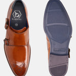 A cognac Men's bugatti Monk Shoe featuring a pointed plain toe, moulded  heel. Made from premium genuine leather with a durable tr outsole, this slip-on design offers both style and comfort.