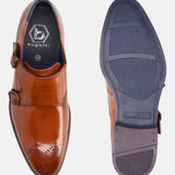 A cognac Men's bugatti Monk Shoe featuring a pointed plain toe, moulded  heel. Made from premium genuine leather with a durable tr outsole, this slip-on design offers both style and comfort.