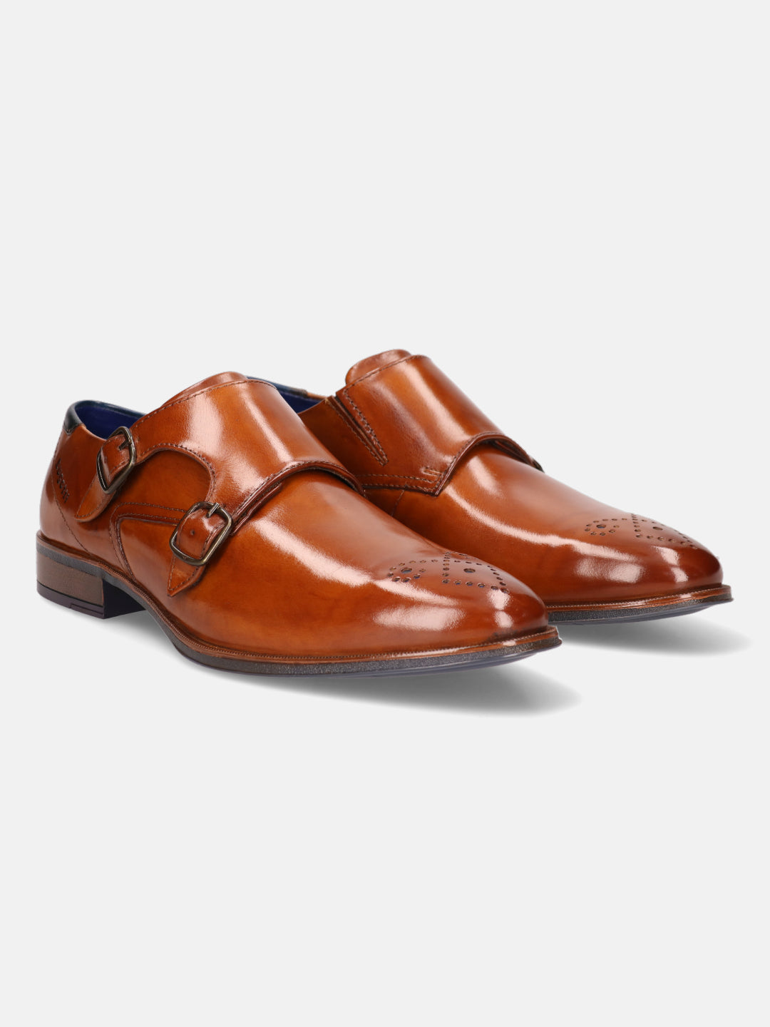 A cognac Men's bugatti Monk Shoe featuring a pointed plain toe, moulded  heel. Made from premium genuine leather with a durable tr outsole, this slip-on design offers both style and comfort.