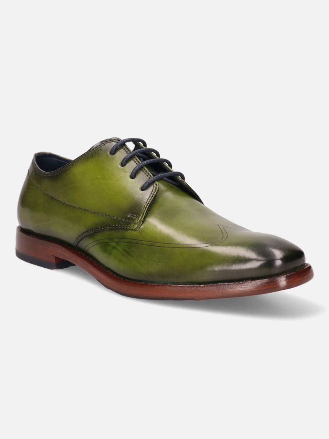 Green leather derby shoe by bugatti, with a dark brown sole and dark blue laces.
