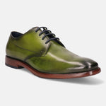 Green leather derby shoe by bugatti, with a dark brown sole and dark blue laces.